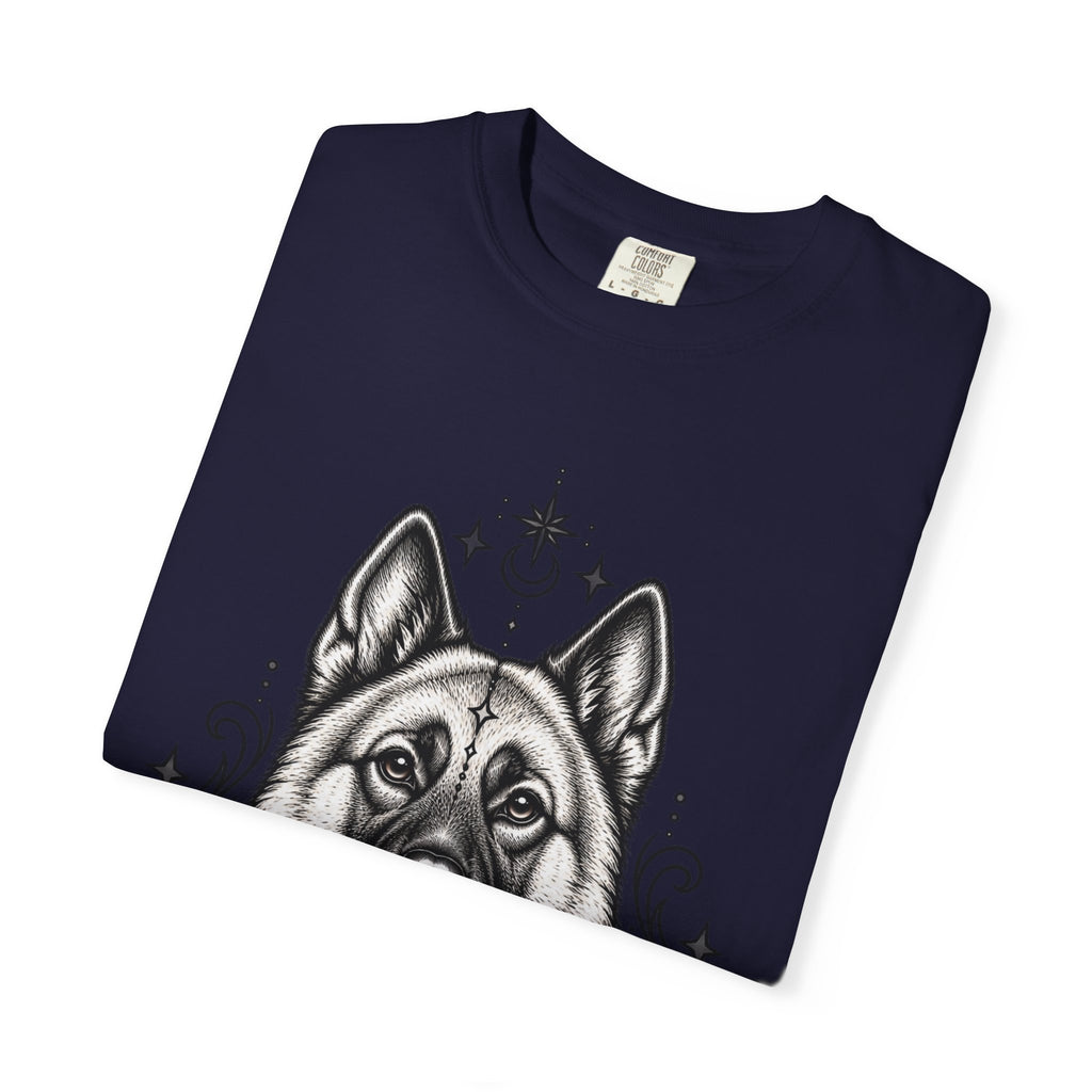 Mystical Norwegian Elkhound Line Art T-Shirt — Minimal Dog Portrait Tee