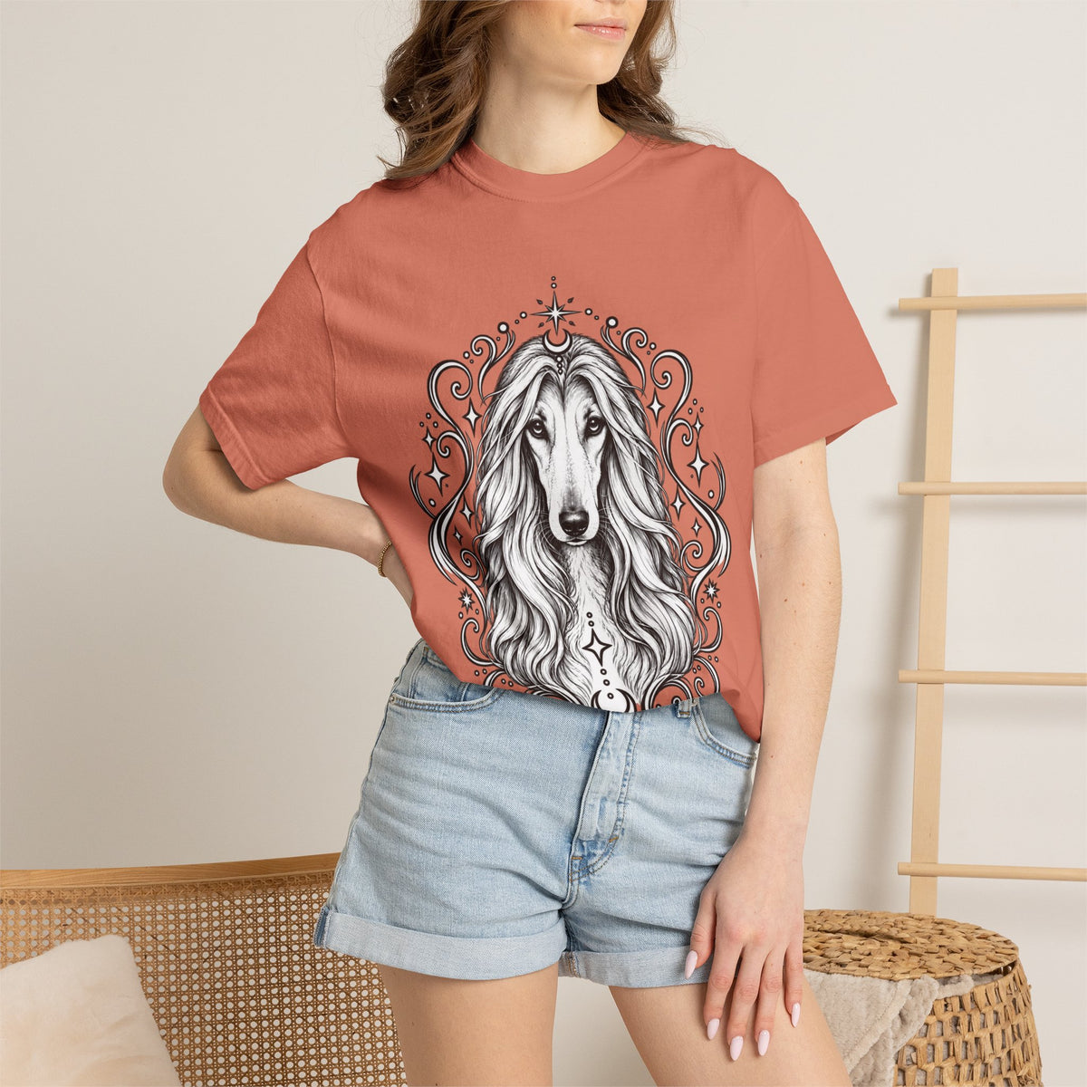 Mystical Afghan Hound Line Art T-Shirt — Minimal Dog Portrait Tee
