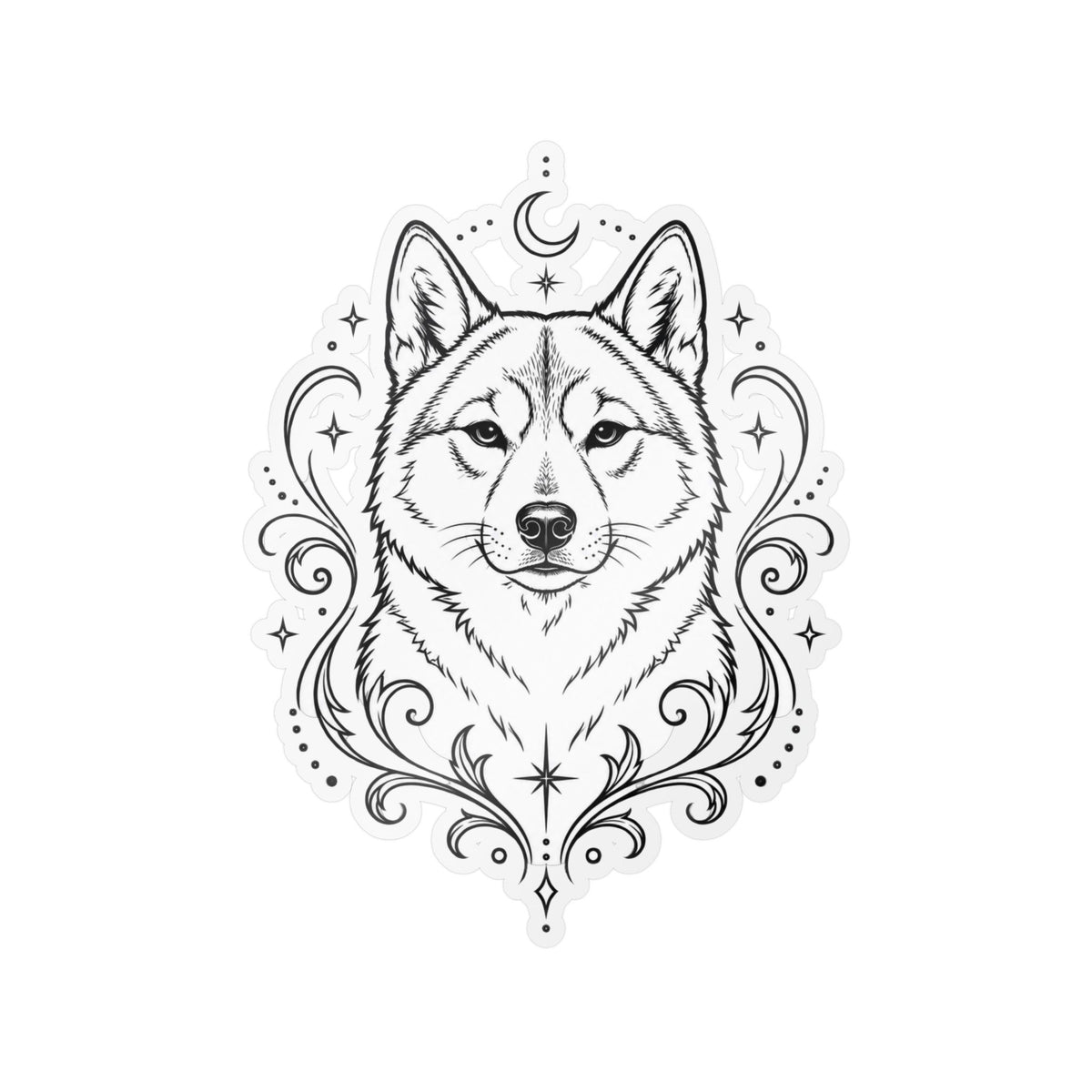 Mystical Shikoku Line Art Kiss-Cut Vinyl Sticker — Decorative Dog Portrait Decal