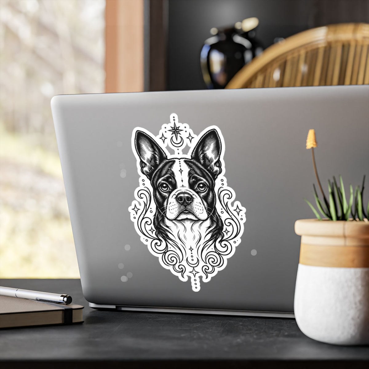 Mystical Boston Terrier Line Art Kiss-Cut Vinyl Sticker — Decorative Dog Portrait Decal