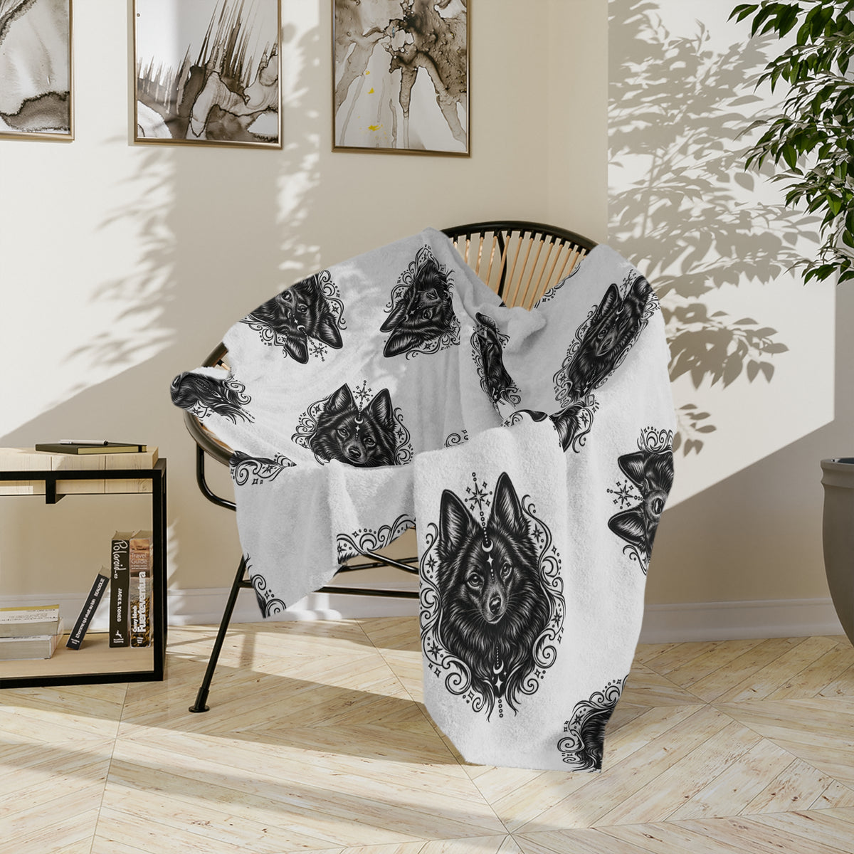 Mystical Schipperke Minimalist Velveteen Microfiber Blanket — Soft Neutral Pet Portrait Throw