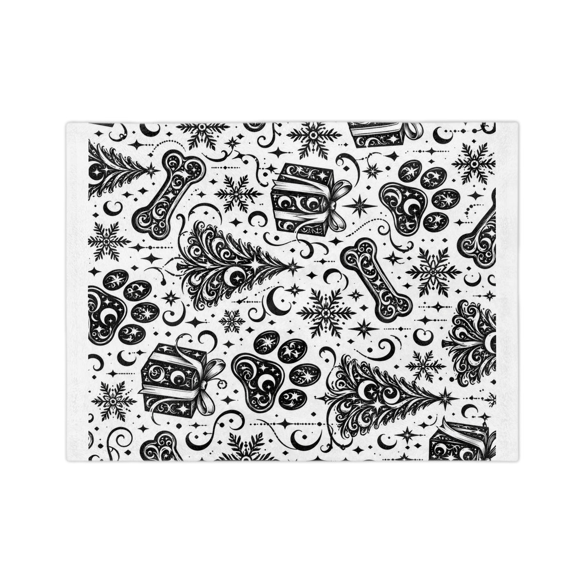 Holiday Pet Paw Print Microfiber Blanket — Black & White Christmas Tree, Gifts & Bones Pattern
