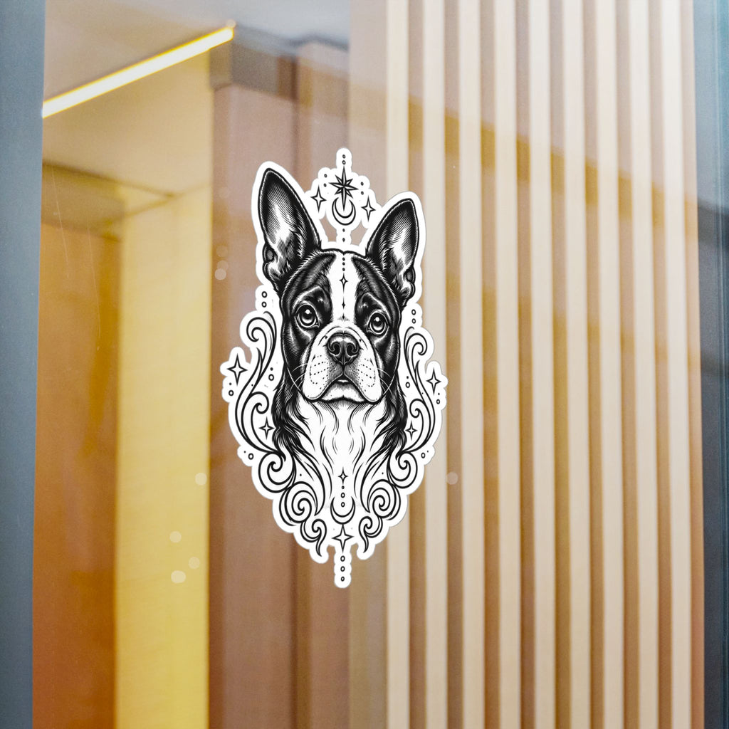 Mystical Boston Terrier Line Art Kiss-Cut Vinyl Sticker — Decorative Dog Portrait Decal