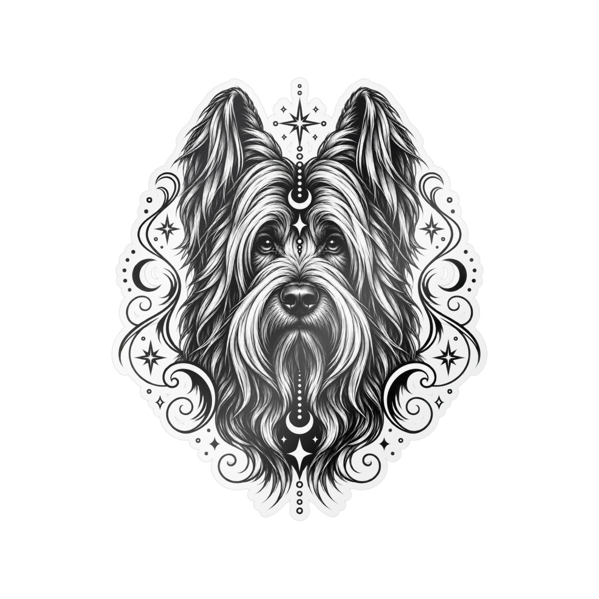 Mystical Briard Line Art Kiss-Cut Vinyl Sticker — Decorative Dog Portrait Decal