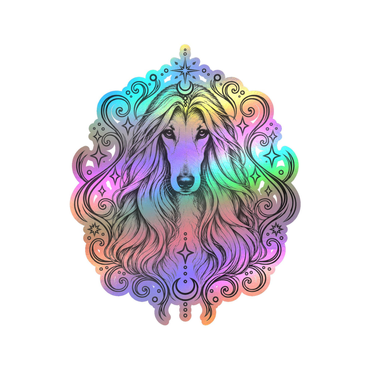 Mystical Afghan Hound Line Art Kiss-Cut Vinyl Sticker — Decorative Dog Portrait Decal