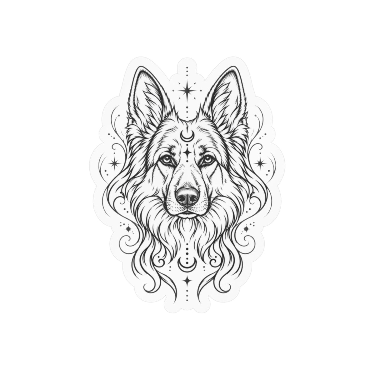 Mystical White Swiss Shepherd Line Art Kiss-Cut Vinyl Sticker — Decorative Dog Portrait Decal