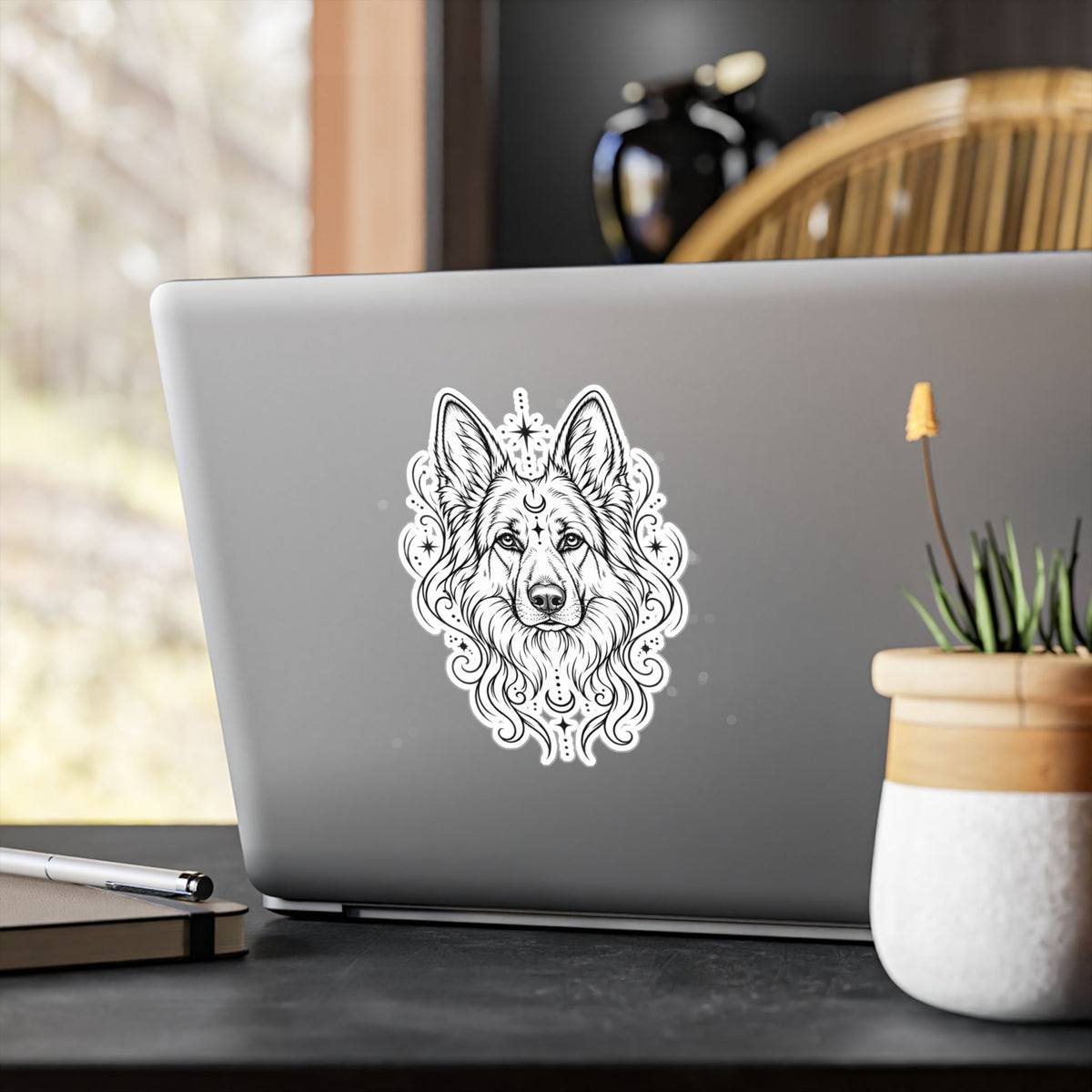 Mystical White Swiss Shepherd Line Art Kiss-Cut Vinyl Sticker — Decorative Dog Portrait Decal