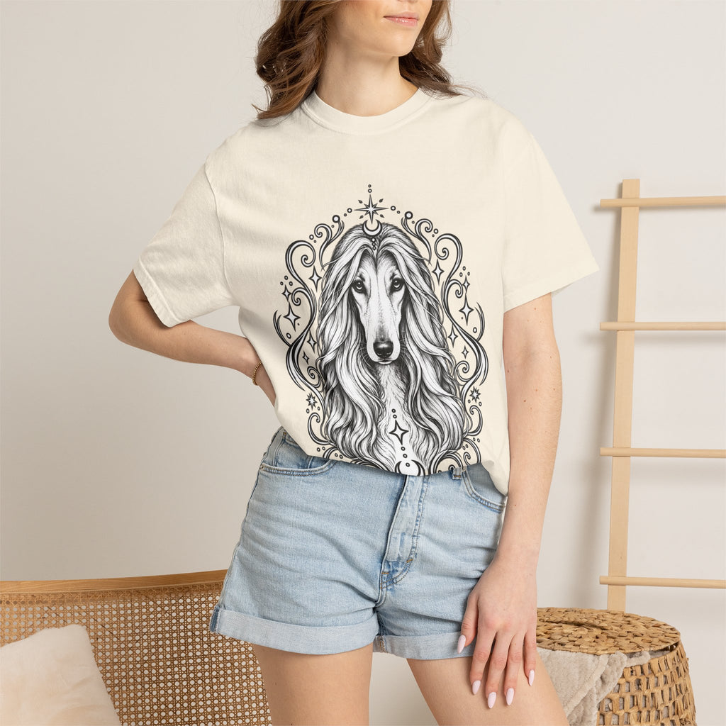 Mystical Afghan Hound Line Art T-Shirt — Minimal Dog Portrait Tee