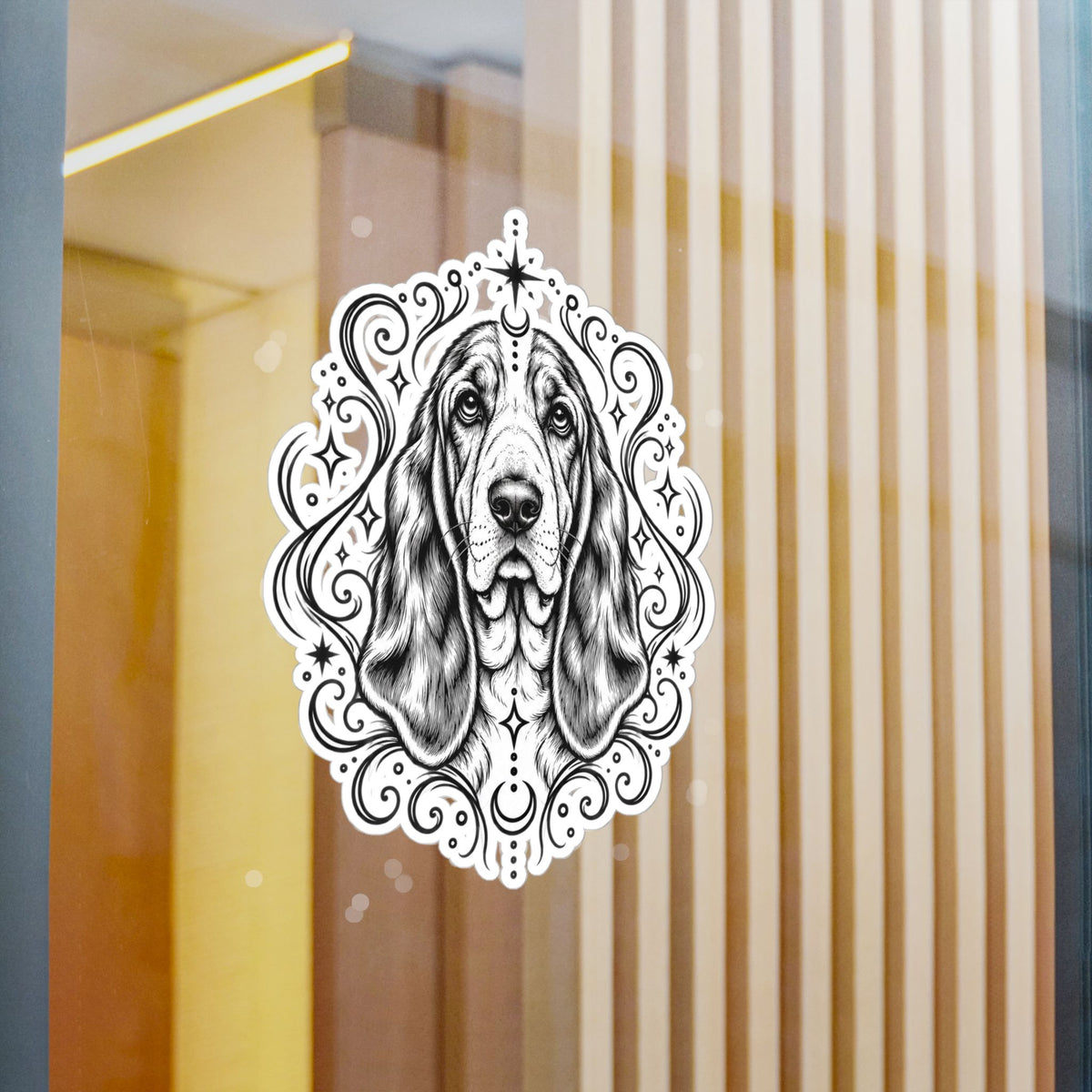 Mystical Basset Hound Line Art Kiss-Cut Vinyl Sticker — Decorative Dog Portrait Decal