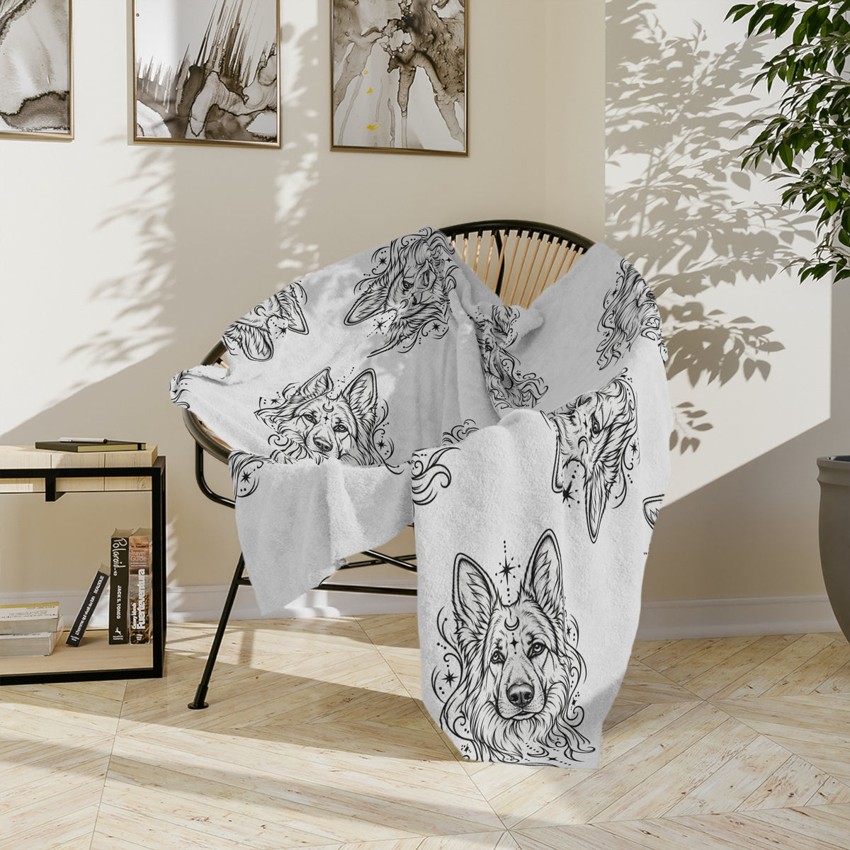 Mystical White Swiss Shepherd Minimalist Velveteen Microfiber Blanket — Soft Neutral Pet Portrait Throw