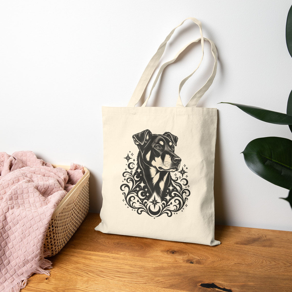 Mystical Beauceron NE HD Line Art Canvas Tote — Dog Portrait Cotton Shopper