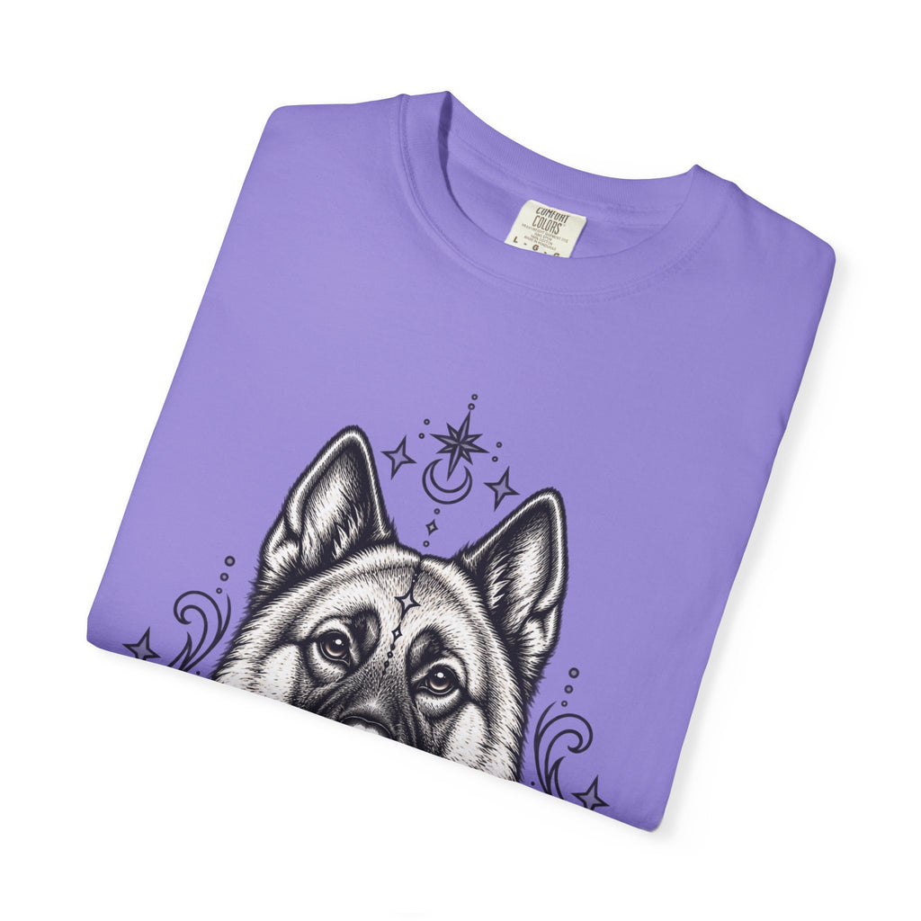 Mystical Norwegian Elkhound Line Art T-Shirt — Minimal Dog Portrait Tee