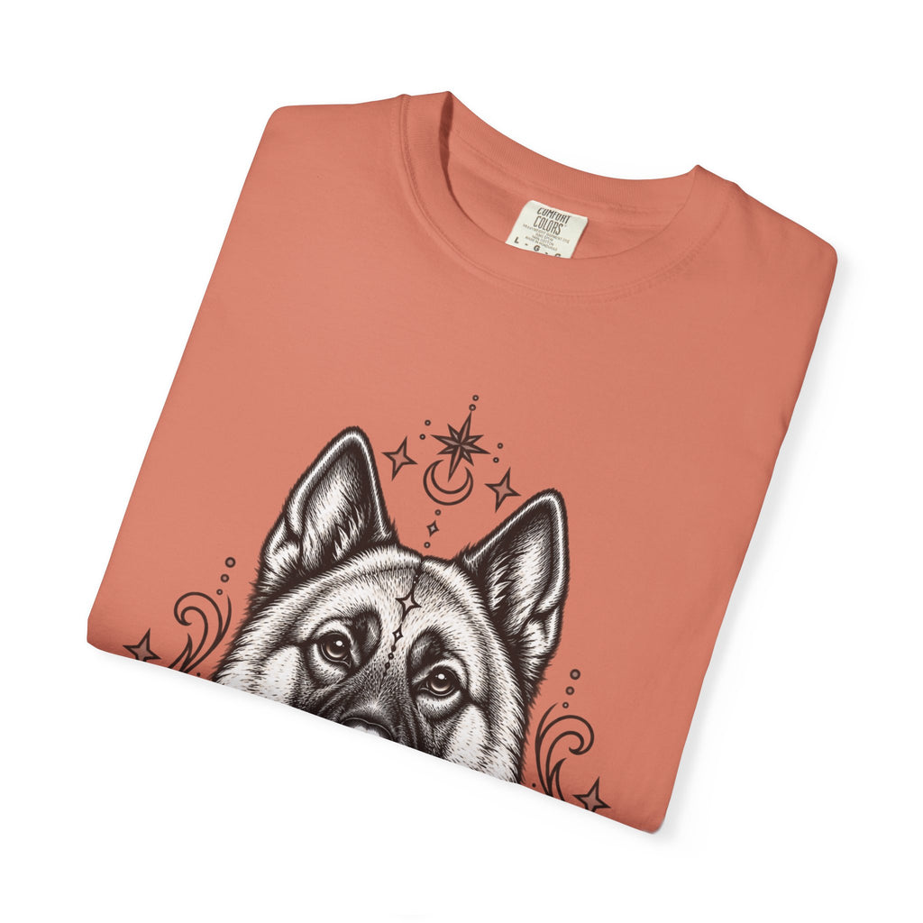 Mystical Norwegian Elkhound Line Art T-Shirt — Minimal Dog Portrait Tee