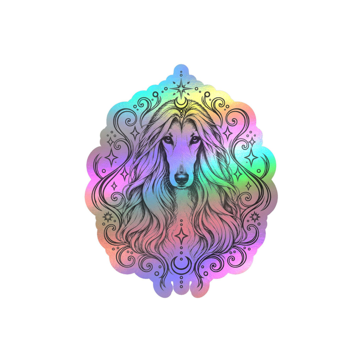 Mystical Afghan Hound Line Art Kiss-Cut Vinyl Sticker — Decorative Dog Portrait Decal