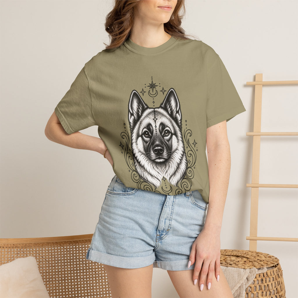 Mystical Norwegian Elkhound Line Art T-Shirt — Minimal Dog Portrait Tee