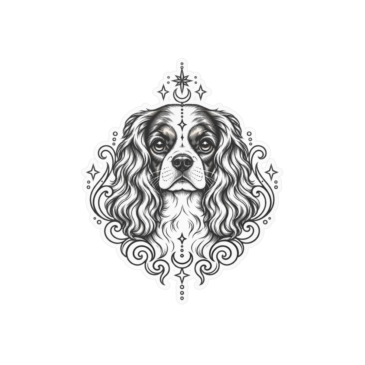 Mystical Cavalier King Charles Spaniel  Line Art Kiss-Cut Vinyl Sticker — Decorative Dog Portrait Decal