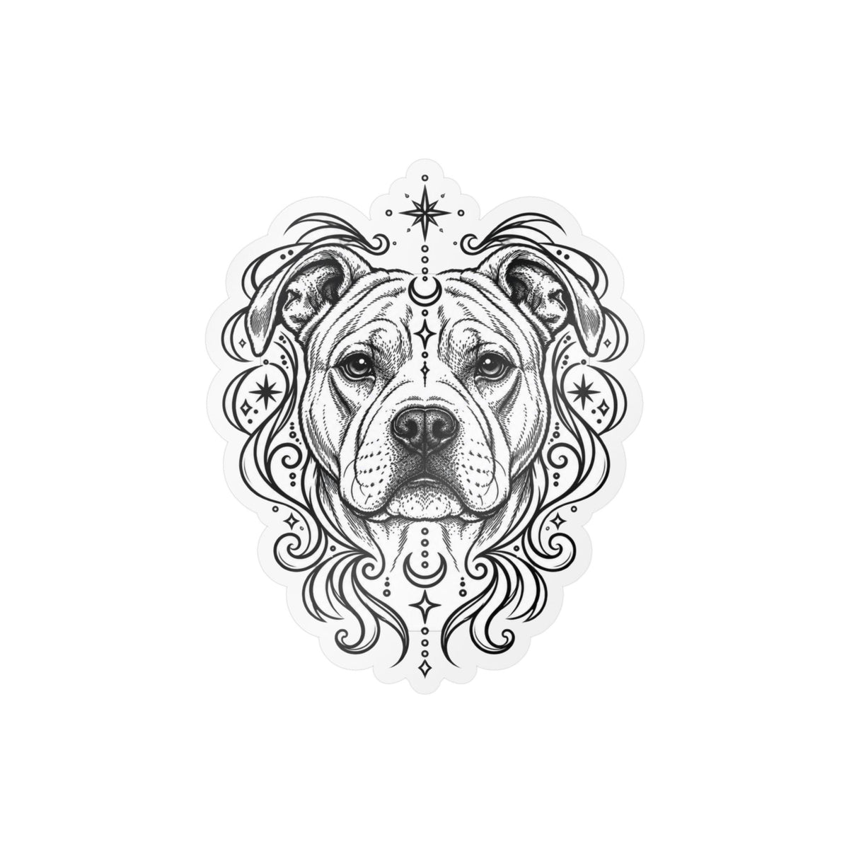 Mystical American Staffordshire Terrier Line Art Kiss-Cut Vinyl Sticker — Decorative Dog Portrait Decal