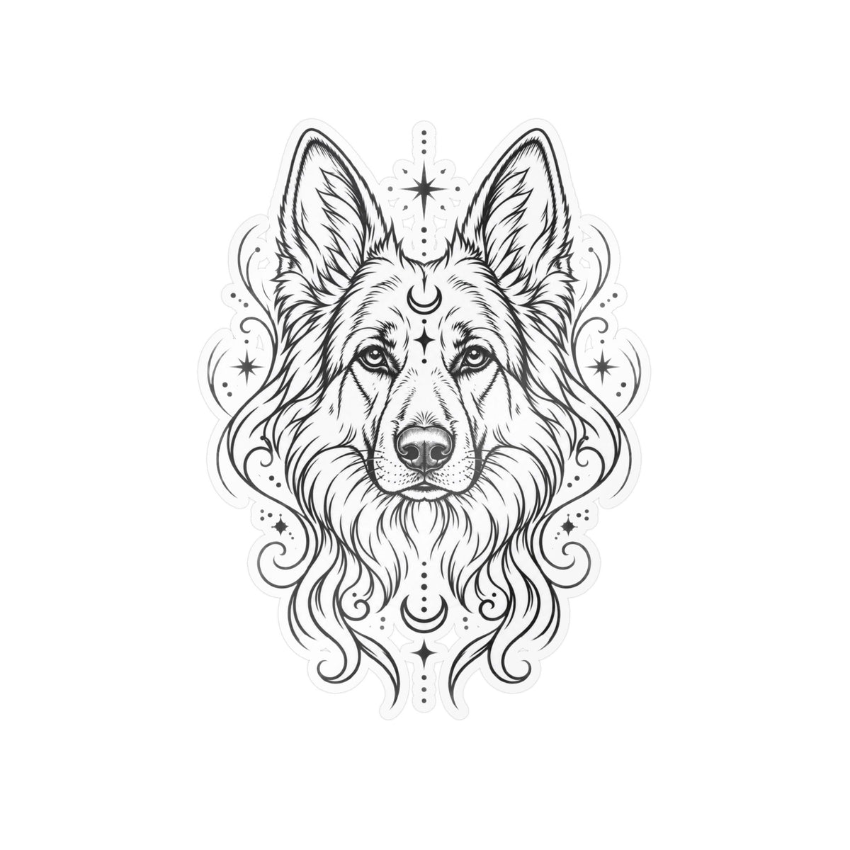 Mystical White Swiss Shepherd Line Art Kiss-Cut Vinyl Sticker — Decorative Dog Portrait Decal