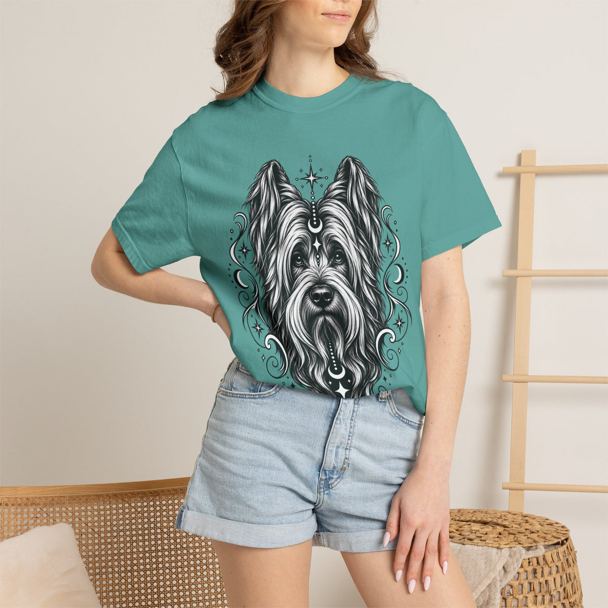 Mystical Briard Line Art T-Shirt — Minimal Dog Portrait Tee
