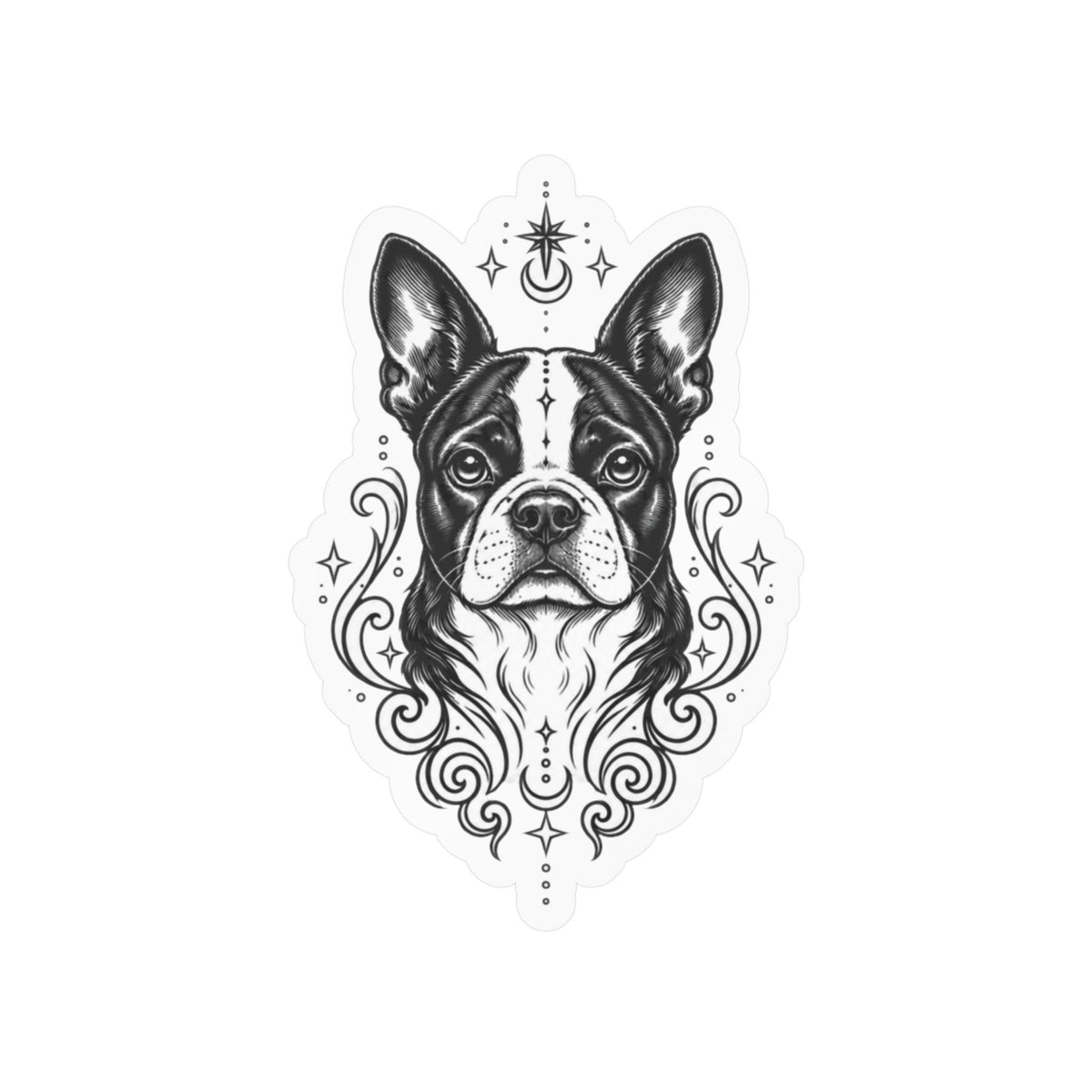 Mystical Boston Terrier Line Art Kiss-Cut Vinyl Sticker — Decorative Dog Portrait Decal