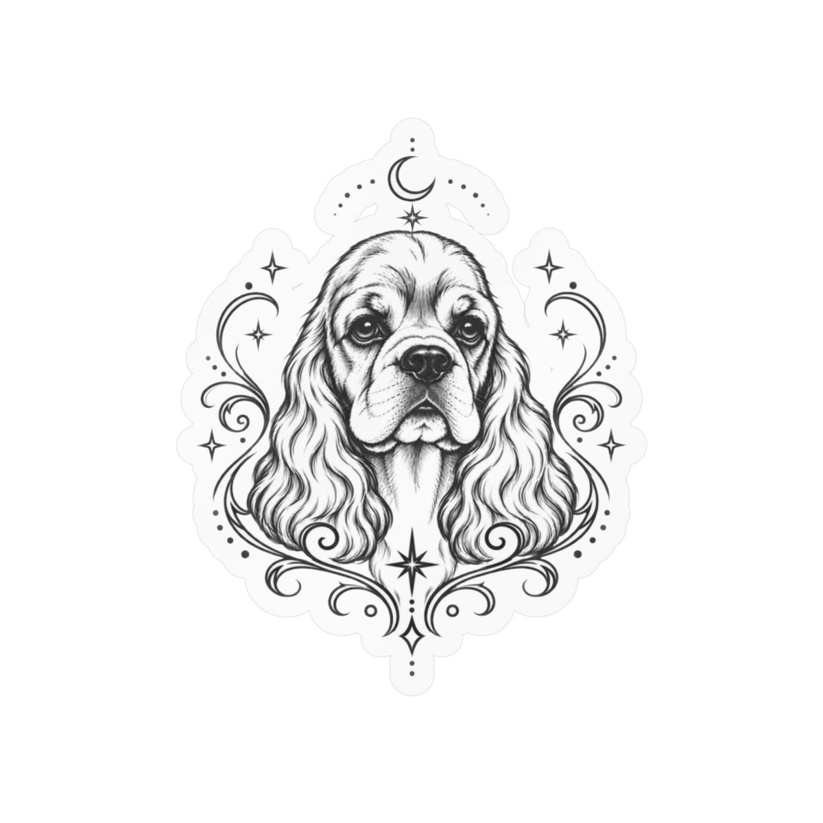 Mystical American Cocker Spaniel Line Art Kiss-Cut Vinyl Sticker — Decorative Dog Portrait Decal