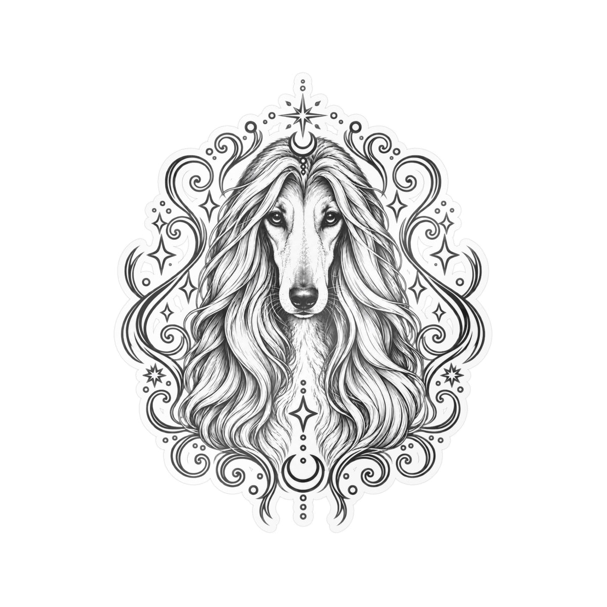 Mystical Afghan Hound Line Art Kiss-Cut Vinyl Sticker — Decorative Dog Portrait Decal