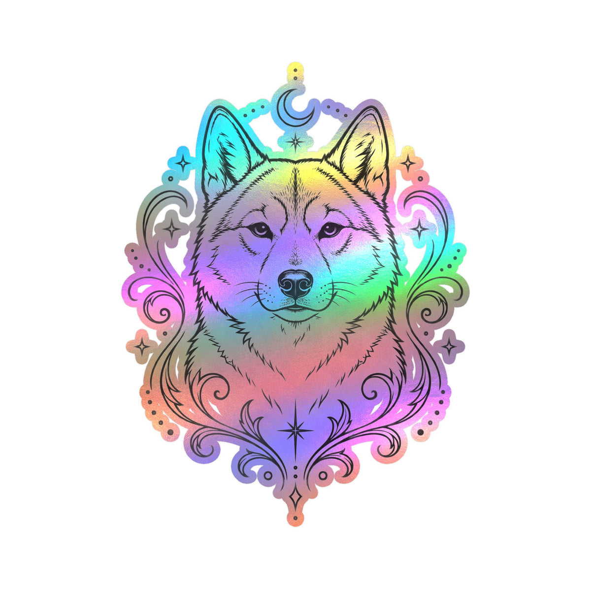Mystical Shikoku Line Art Kiss-Cut Vinyl Sticker — Decorative Dog Portrait Decal
