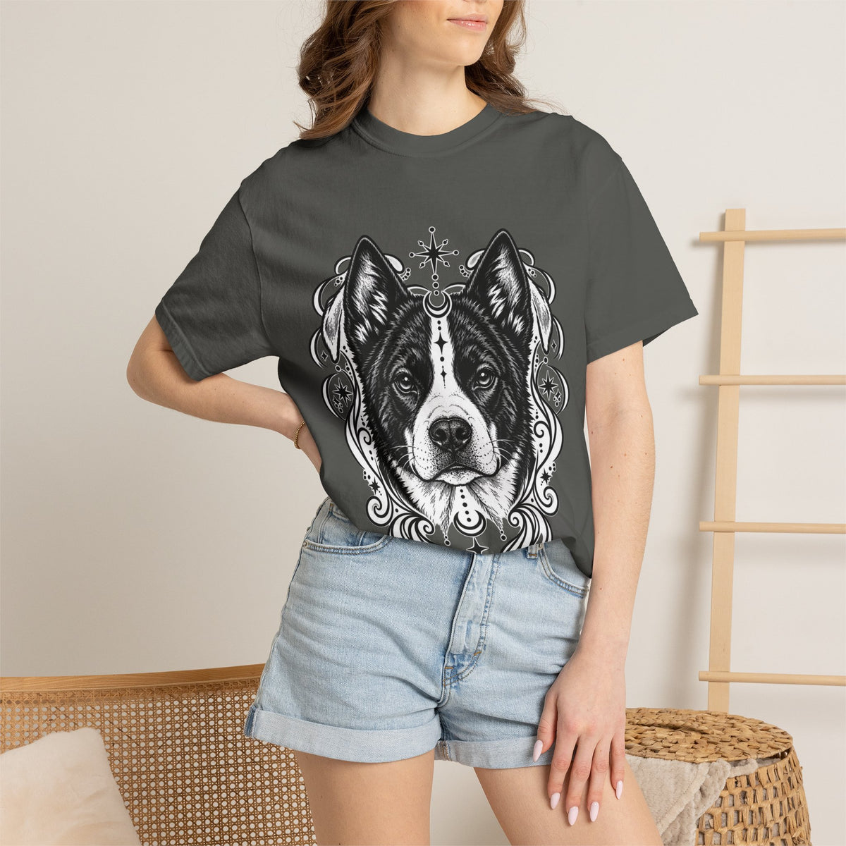 Mystical Karelian Bear Dog Line Art T-Shirt — Minimal Dog Portrait Tee