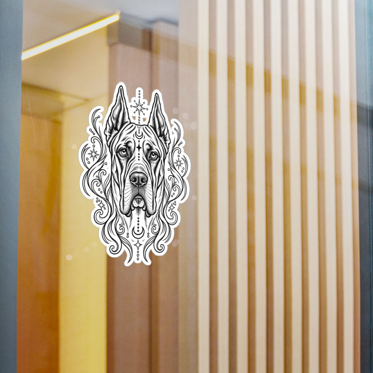 Mystical Great Dane CE Line Art Kiss-Cut Vinyl Sticker — Decorative Dog Portrait Decal