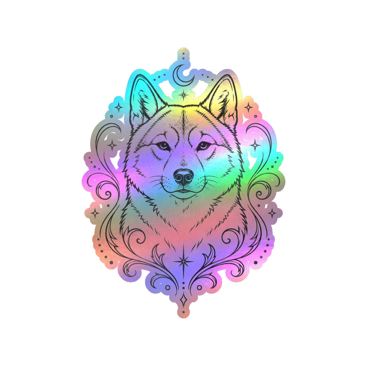 Mystical Shikoku Line Art Kiss-Cut Vinyl Sticker — Decorative Dog Portrait Decal