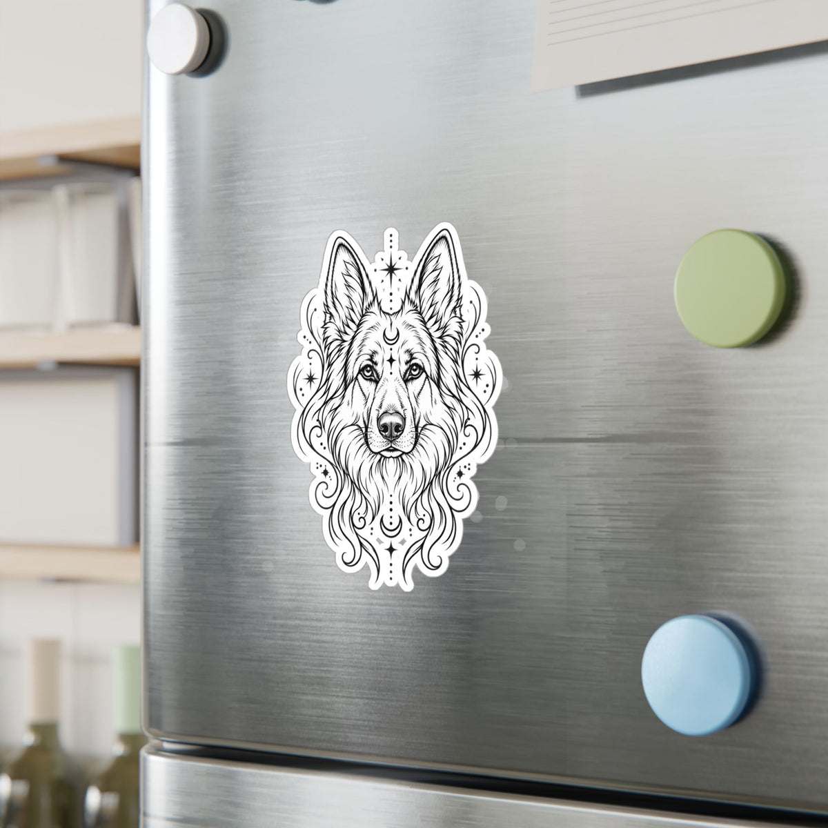 Mystical White Swiss Shepherd Line Art Kiss-Cut Vinyl Sticker — Decorative Dog Portrait Decal