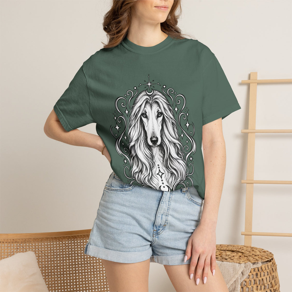 Mystical Afghan Hound Line Art T-Shirt — Minimal Dog Portrait Tee