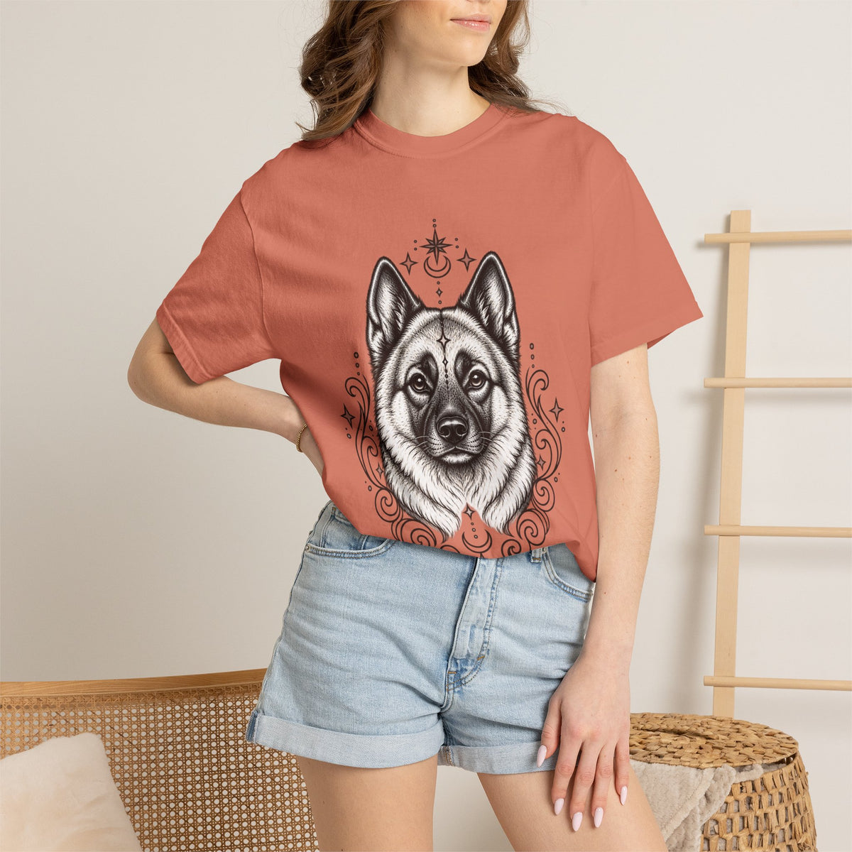Mystical Norwegian Elkhound Line Art T-Shirt — Minimal Dog Portrait Tee