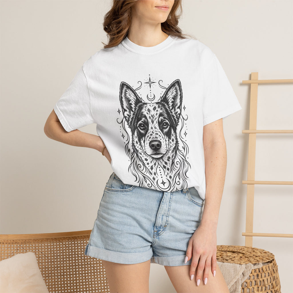 Mystical Australian Cattle Dog Line Art T-Shirt — Minimal Dog Portrait Tee