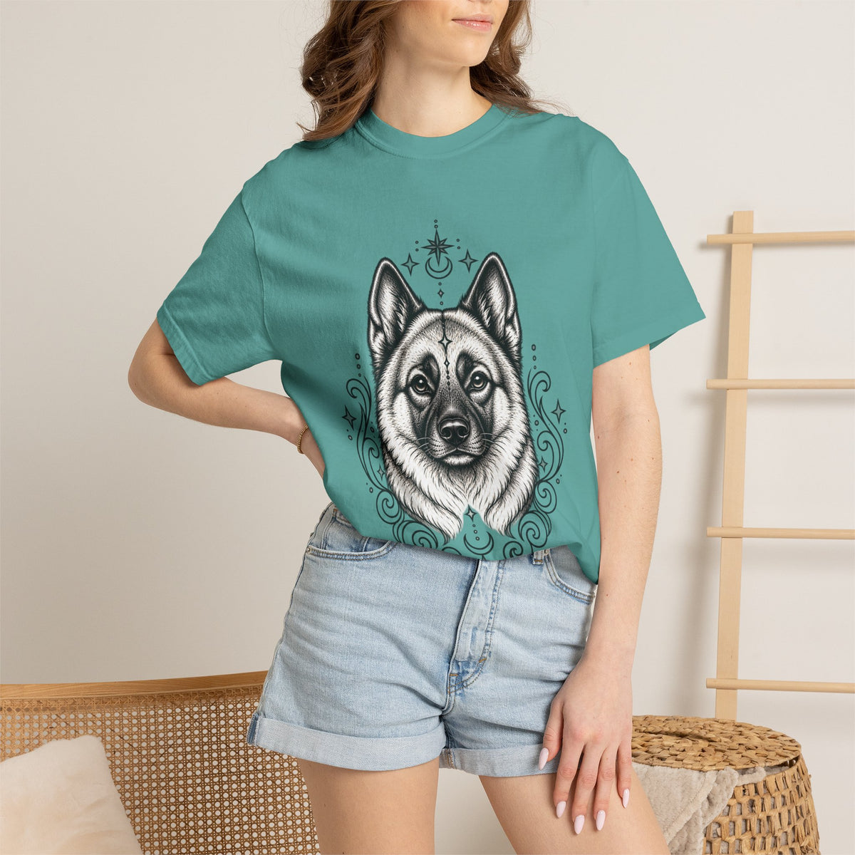 Mystical Norwegian Elkhound Line Art T-Shirt — Minimal Dog Portrait Tee
