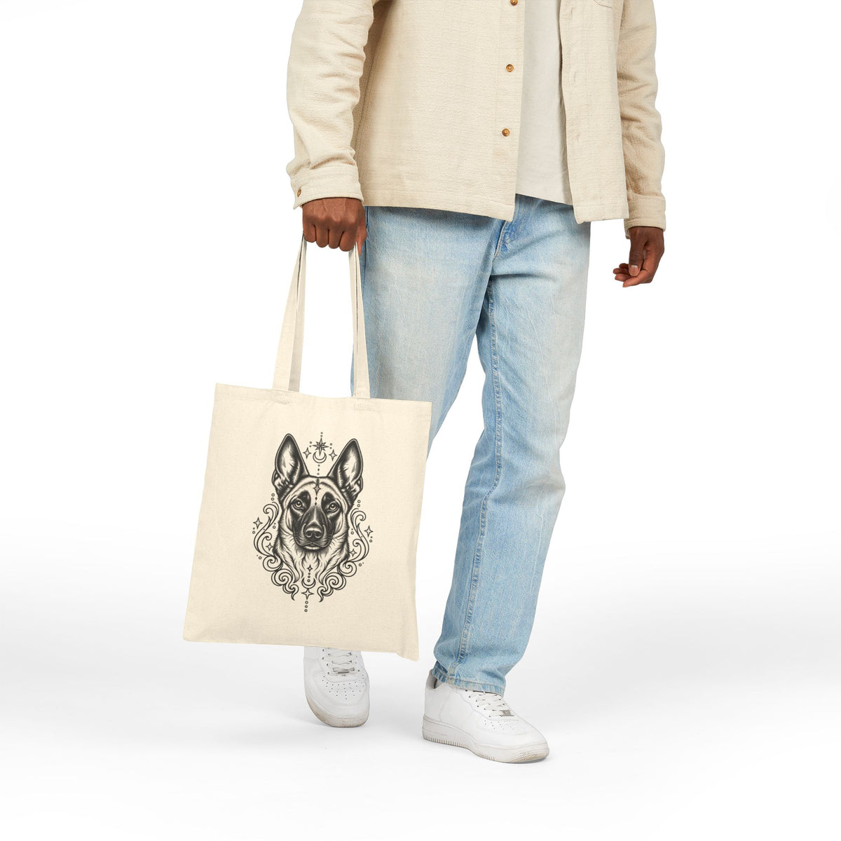 Mystical Belgian Malinois Line Art Canvas Tote — Dog Portrait Cotton Shopper