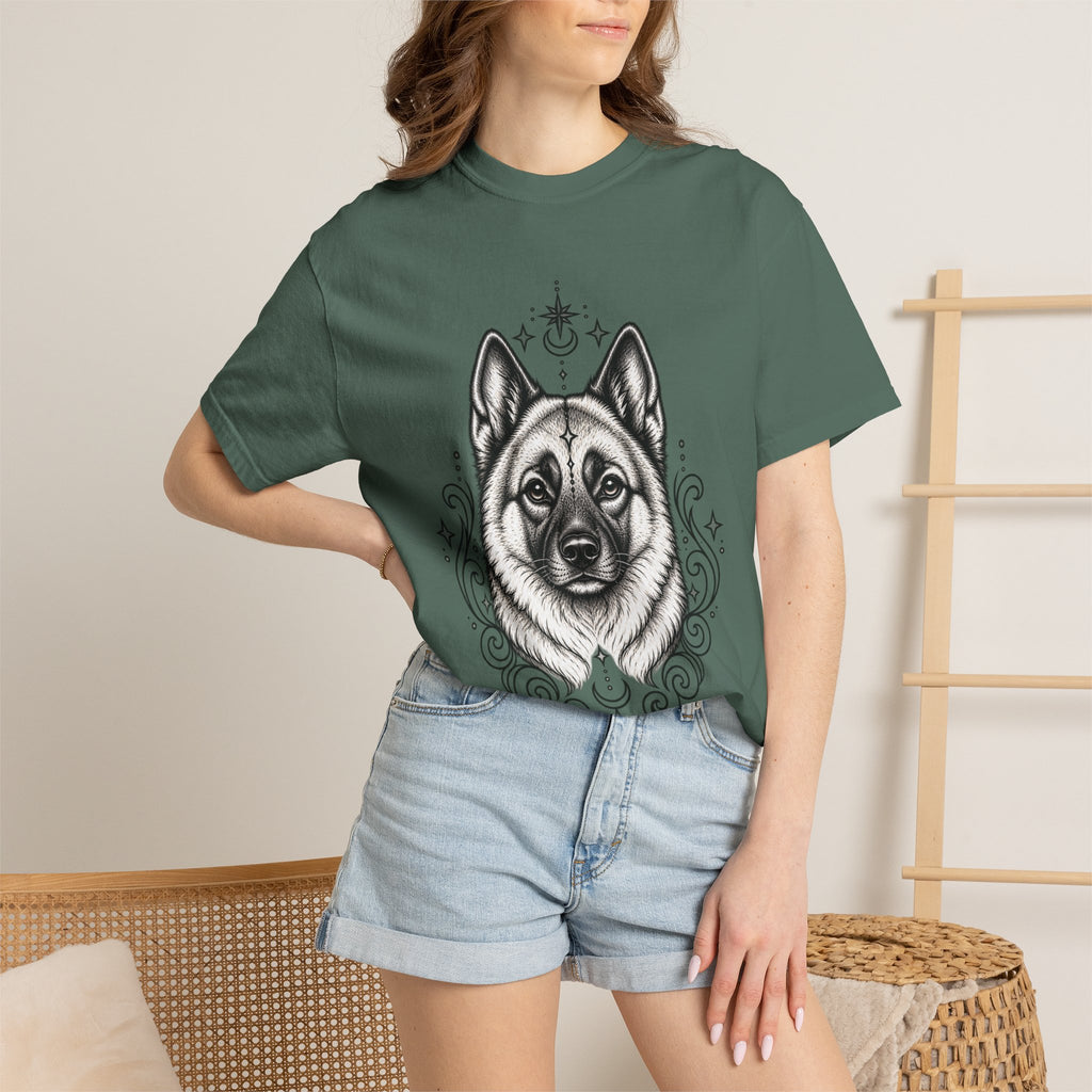 Mystical Norwegian Elkhound Line Art T-Shirt — Minimal Dog Portrait Tee