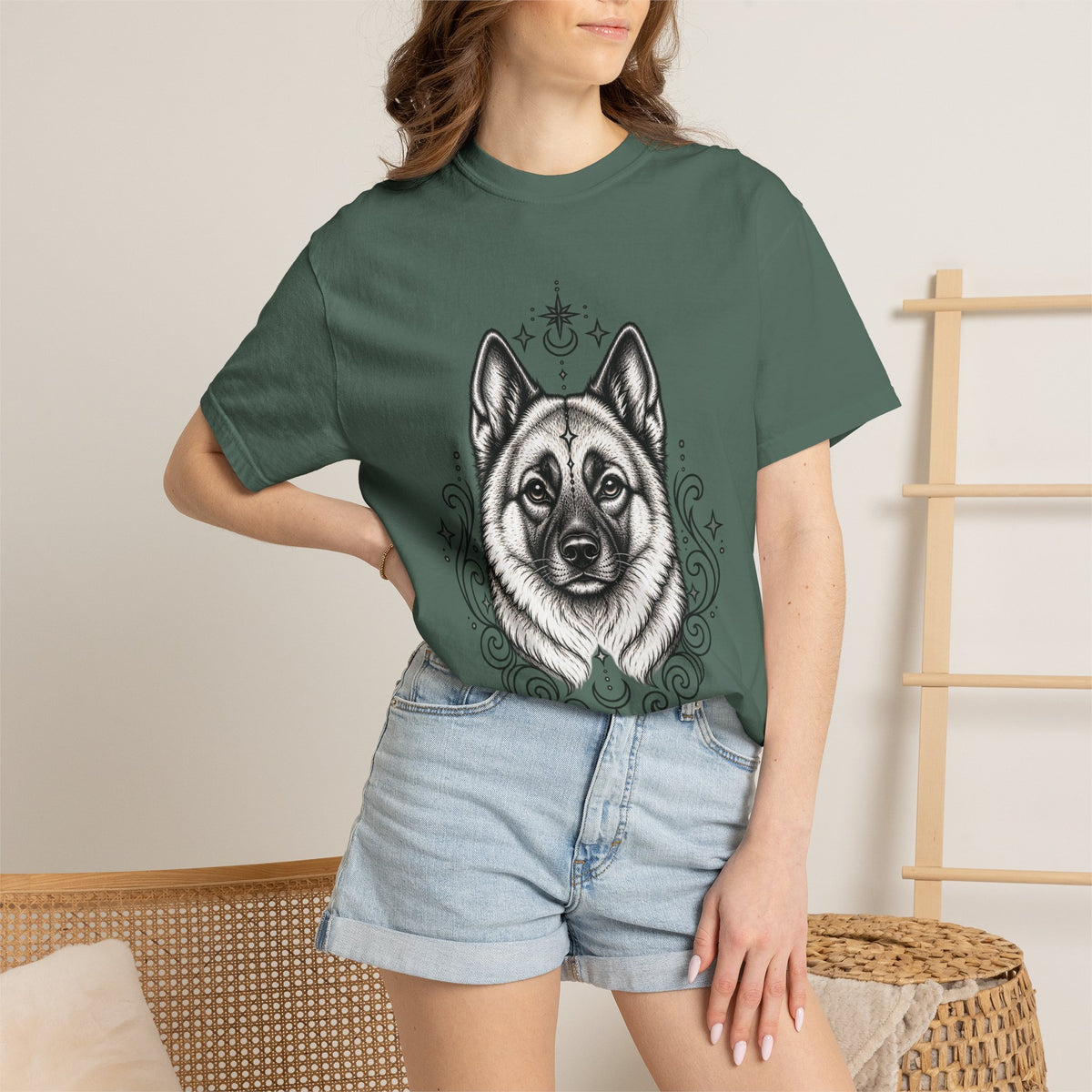 Mystical Norwegian Elkhound Line Art T-Shirt — Minimal Dog Portrait Tee