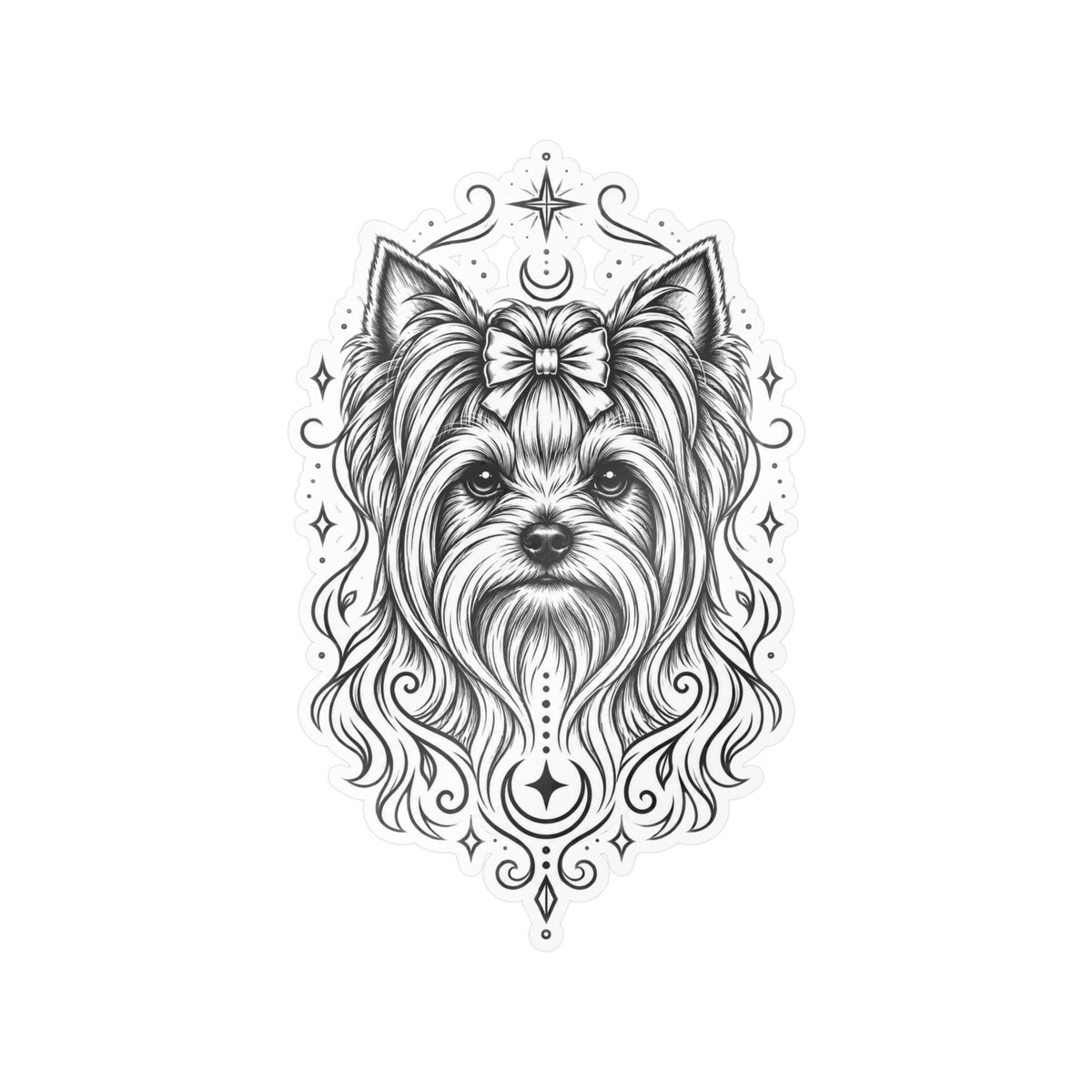 Mystical Yorkshire Terrier Line Art Kiss-Cut Vinyl Sticker — Decorative Dog Portrait Decal