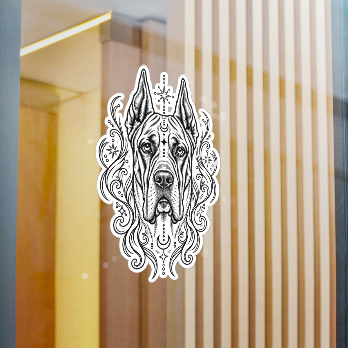 Mystical Great Dane CE Line Art Kiss-Cut Vinyl Sticker — Decorative Dog Portrait Decal