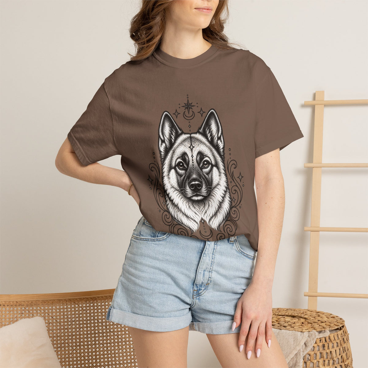 Mystical Norwegian Elkhound Line Art T-Shirt — Minimal Dog Portrait Tee
