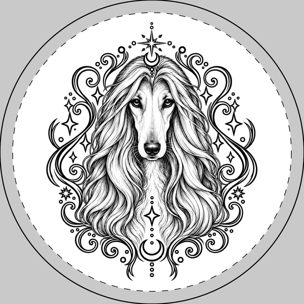 Mystical Afghan Hound Round Car Magnet — Boho Dog Face Sticker