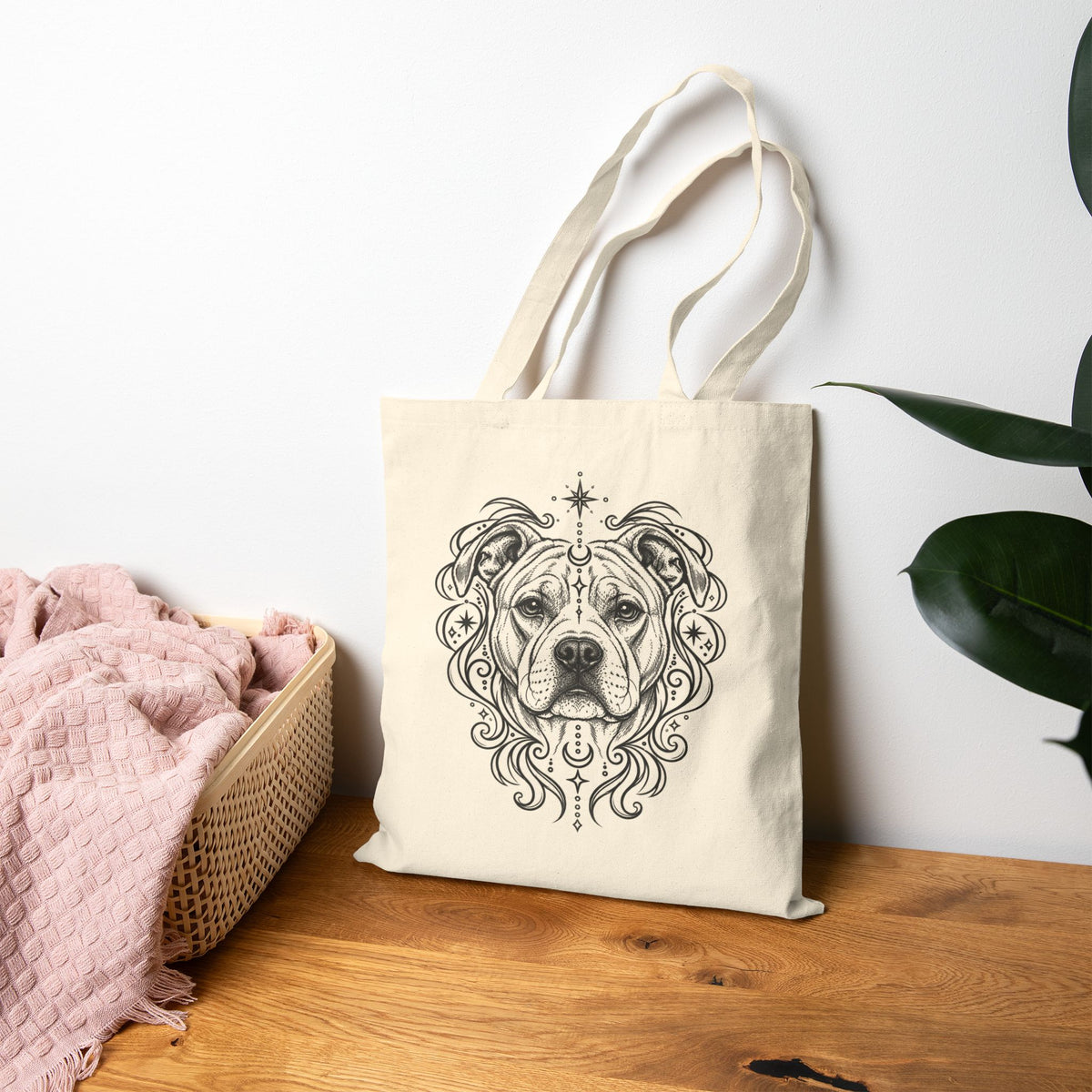 Mystical American Staffordshire Terrier Line Art Canvas Tote — Dog Portrait Cotton Shopper
