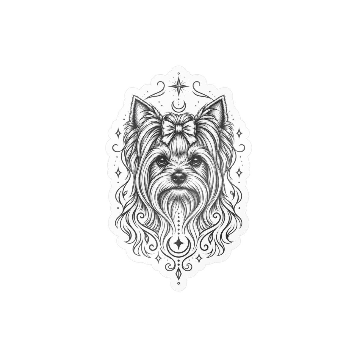 Mystical Yorkshire Terrier Line Art Kiss-Cut Vinyl Sticker — Decorative Dog Portrait Decal