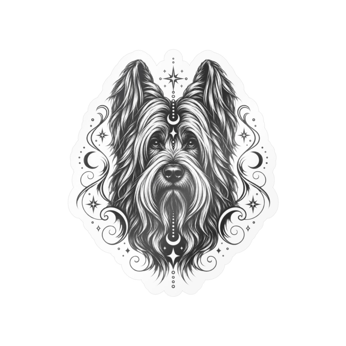 Mystical Briard Line Art Kiss-Cut Vinyl Sticker — Decorative Dog Portrait Decal