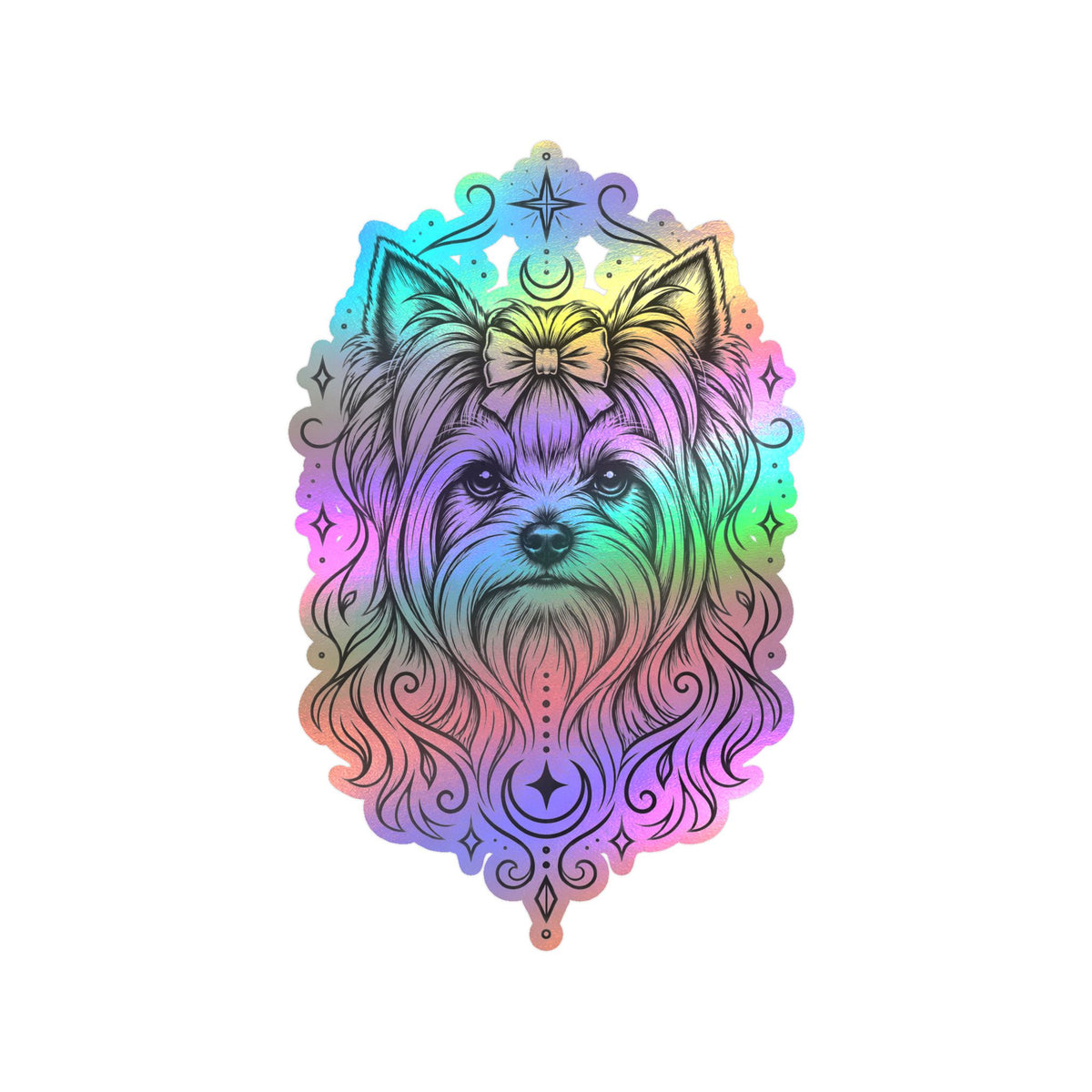 Mystical Yorkshire Terrier Line Art Kiss-Cut Vinyl Sticker — Decorative Dog Portrait Decal
