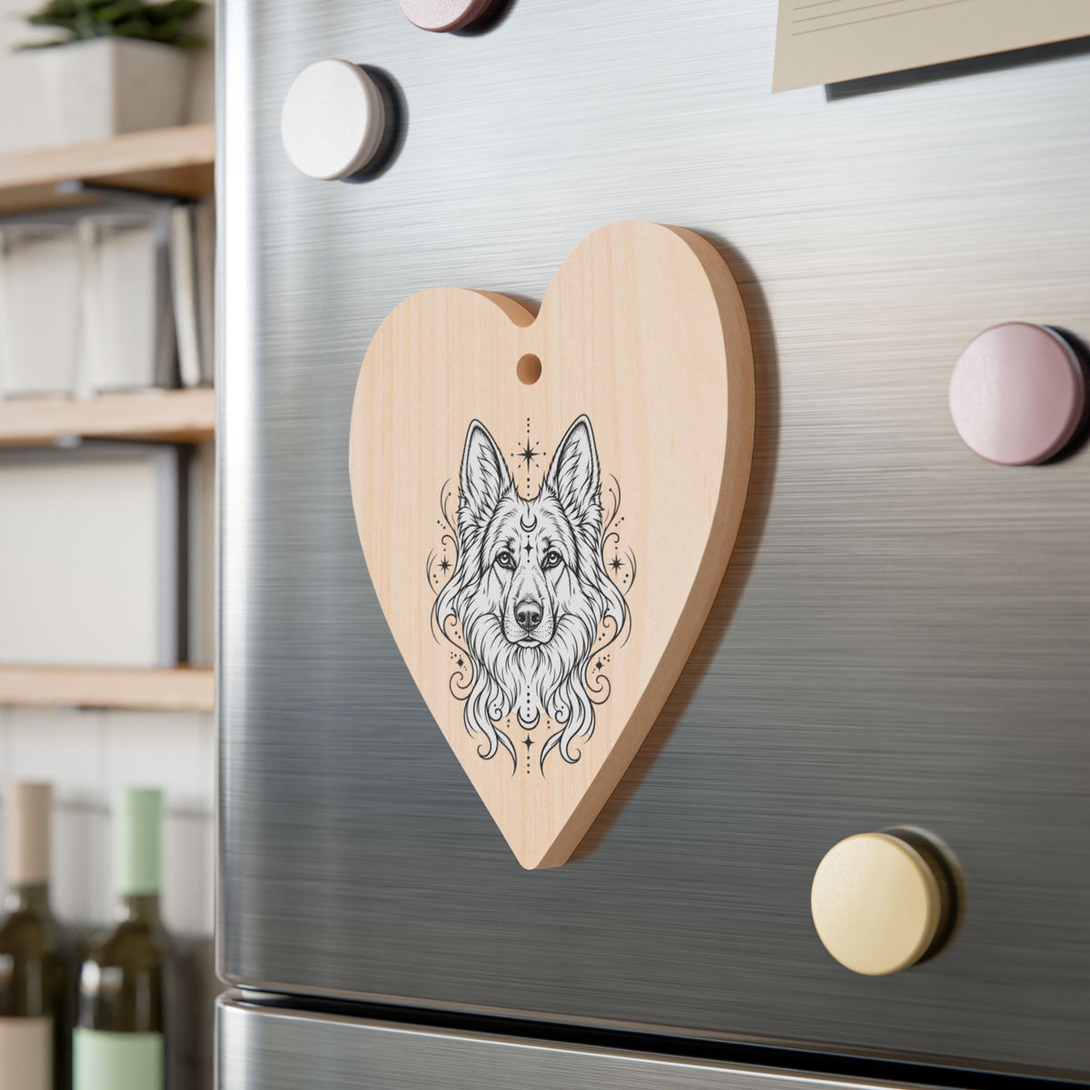 Mystical White Swiss Shepherd Wooden Ornament — Hand-Drawn Wolf Portrait on Heart-Shaped Wood