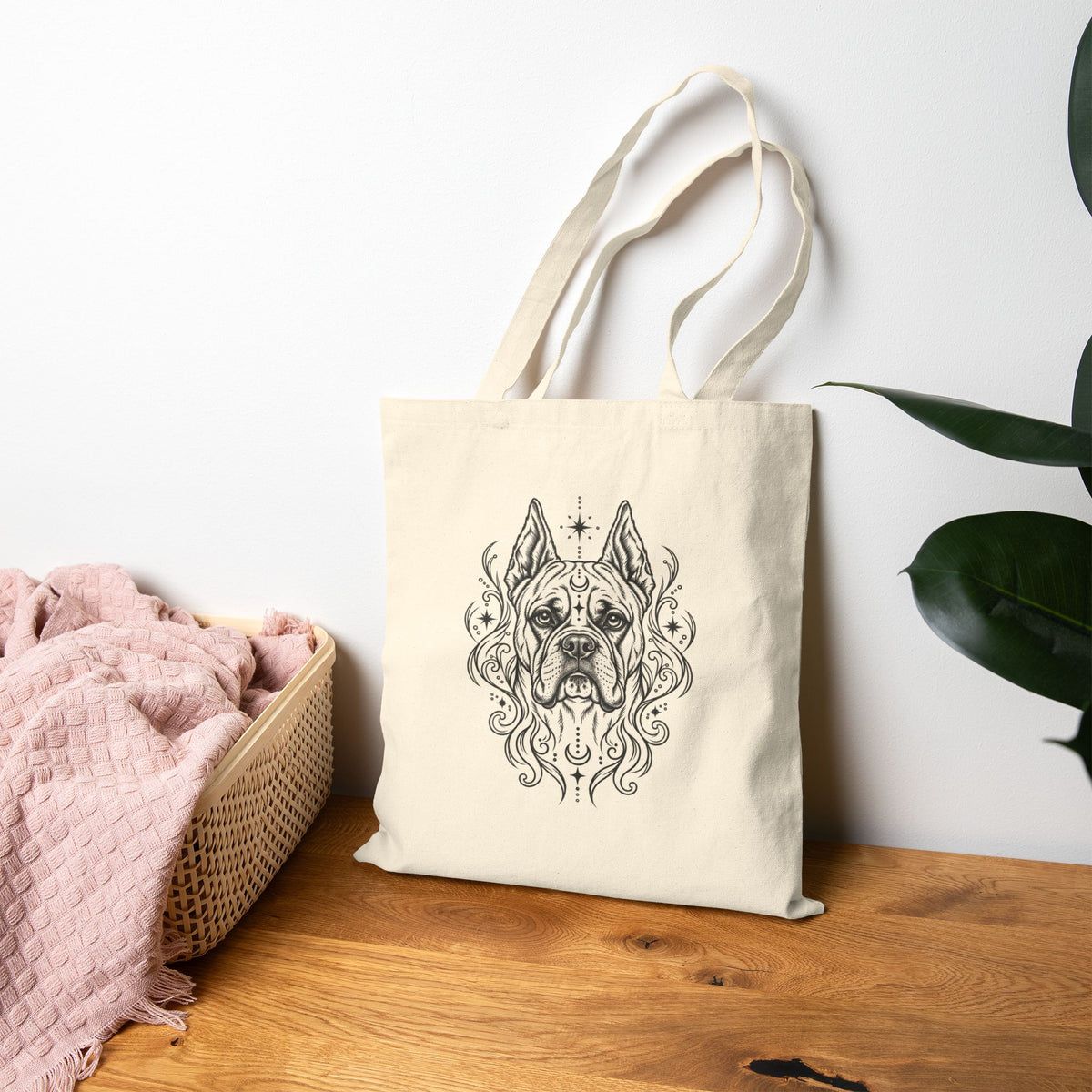 Mystical Boxer CE Line Art Canvas Tote — Dog Portrait Cotton Shopper