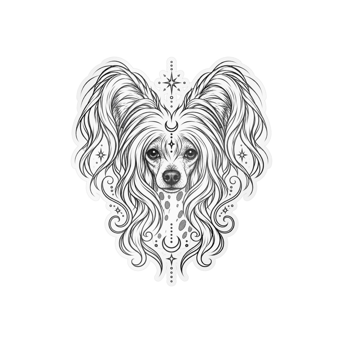 Mystical Chinese Crested Line Art Kiss-Cut Vinyl Sticker — Decorative Dog Portrait Decal