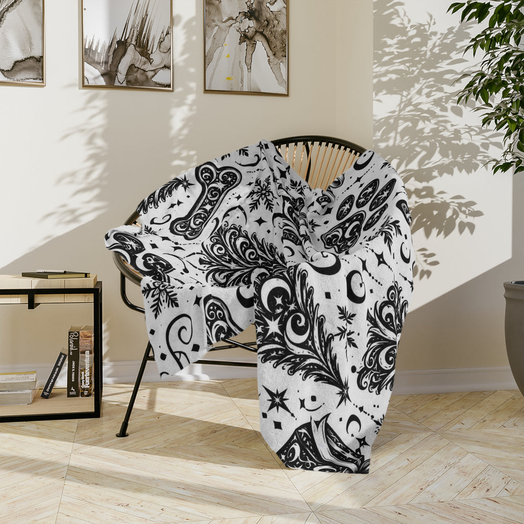 Holiday Pet Paw Print Microfiber Blanket — Black & White Christmas Tree, Gifts & Bones Pattern